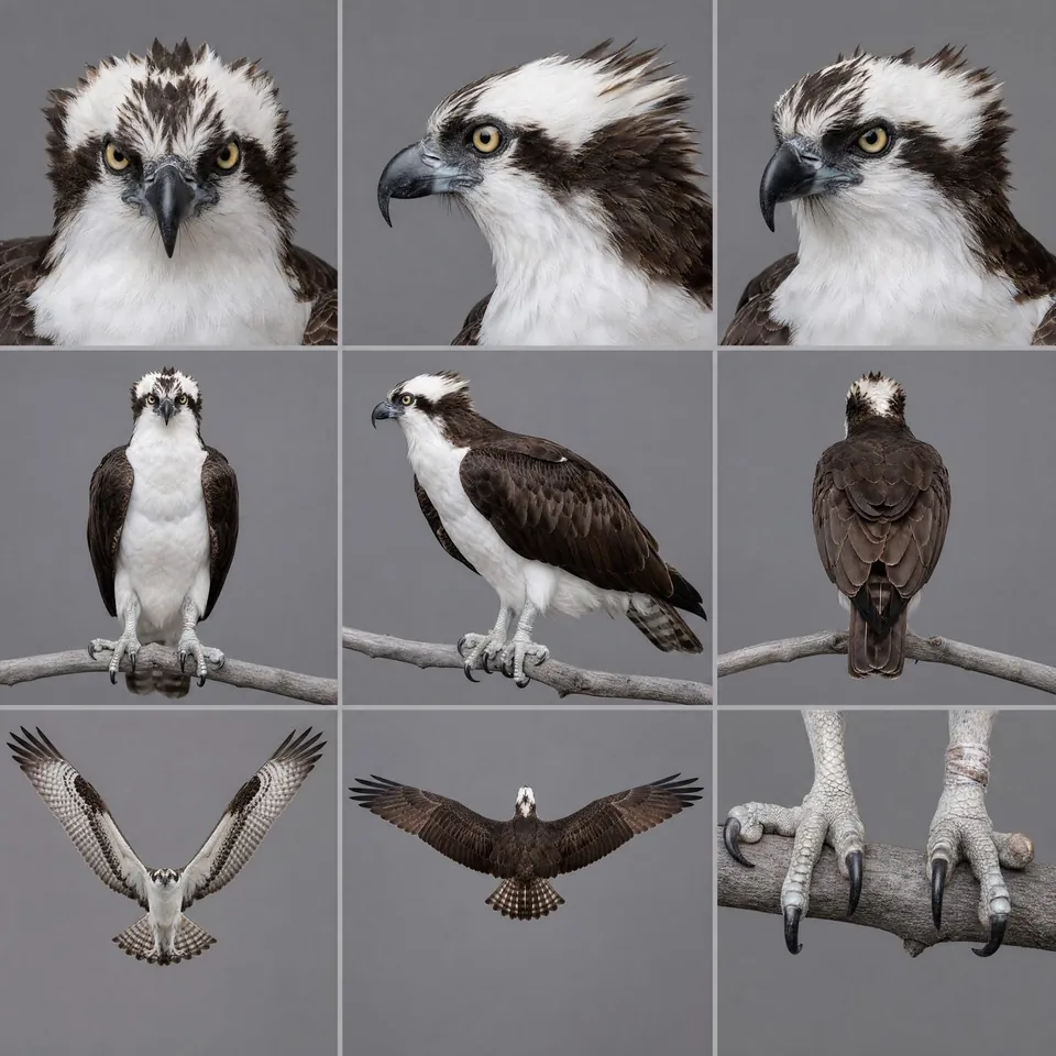 Osprey character reference sheet with head, body, wing and talon views