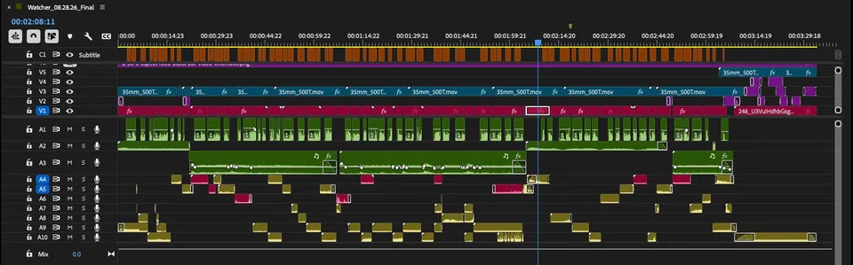 Final Premiere Pro timeline with picture, grain, caption and ten audio tracks