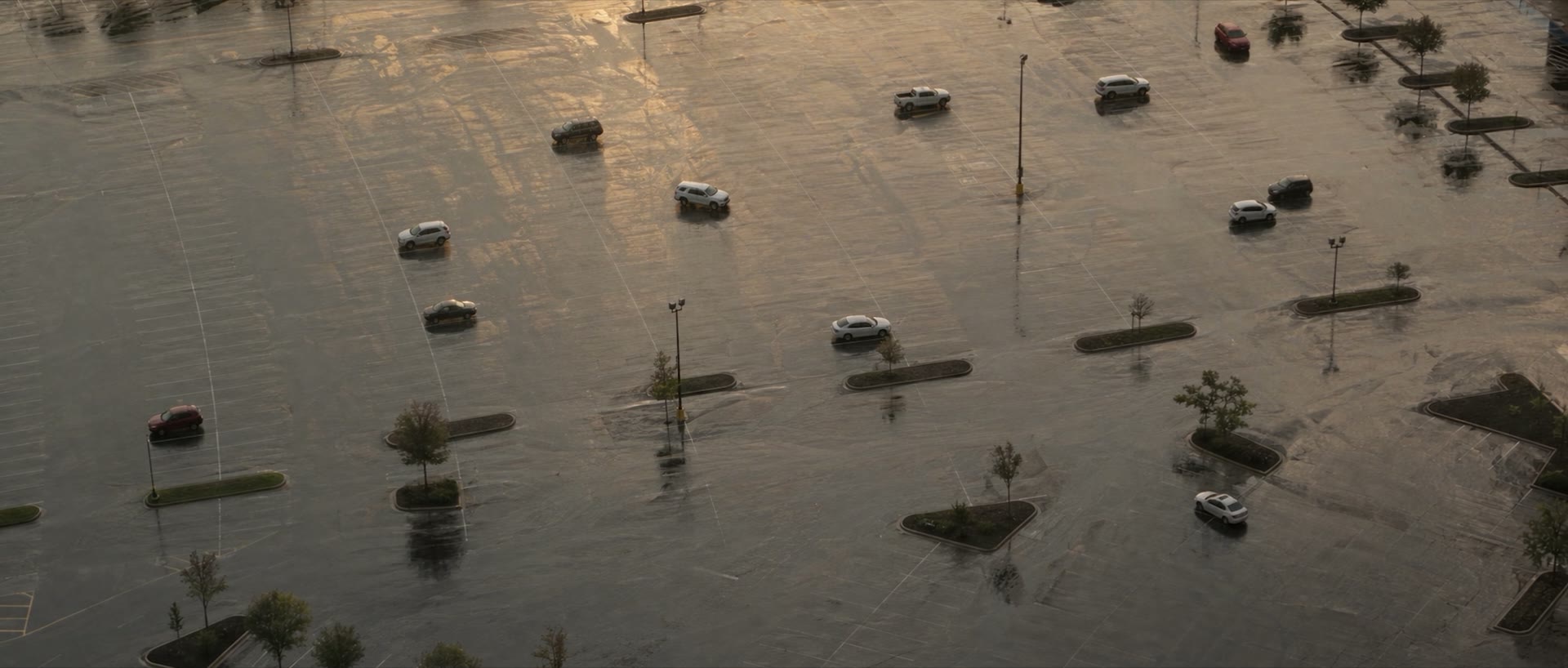 A flooded parking lot from above