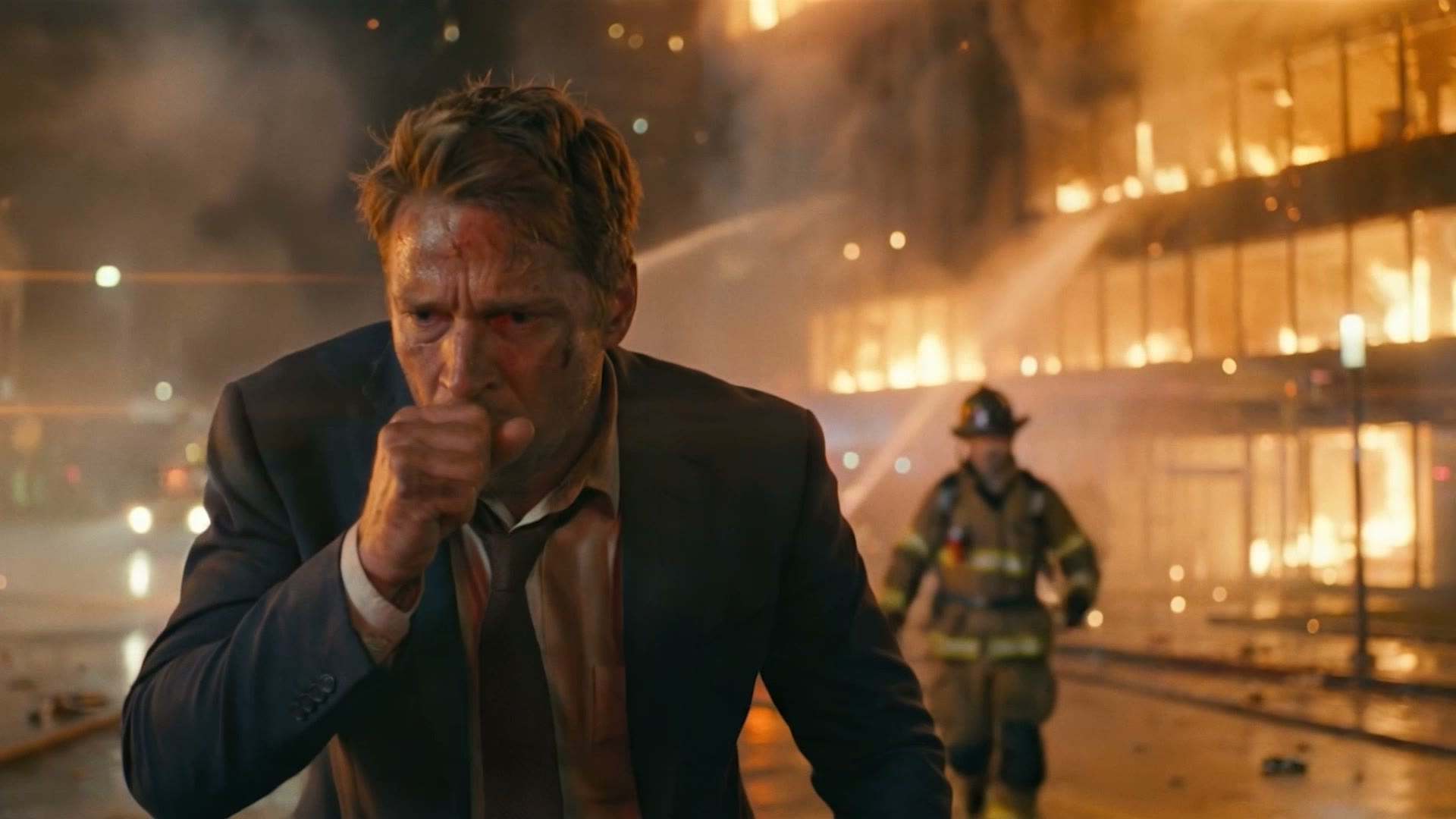 The CEO stumbles out of the smoke, coughing, a firefighter behind him