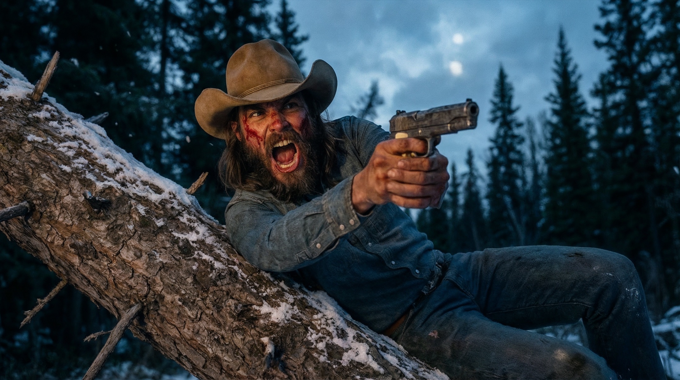 A cowboy firing a pistol from behind a fallen tree in the snow