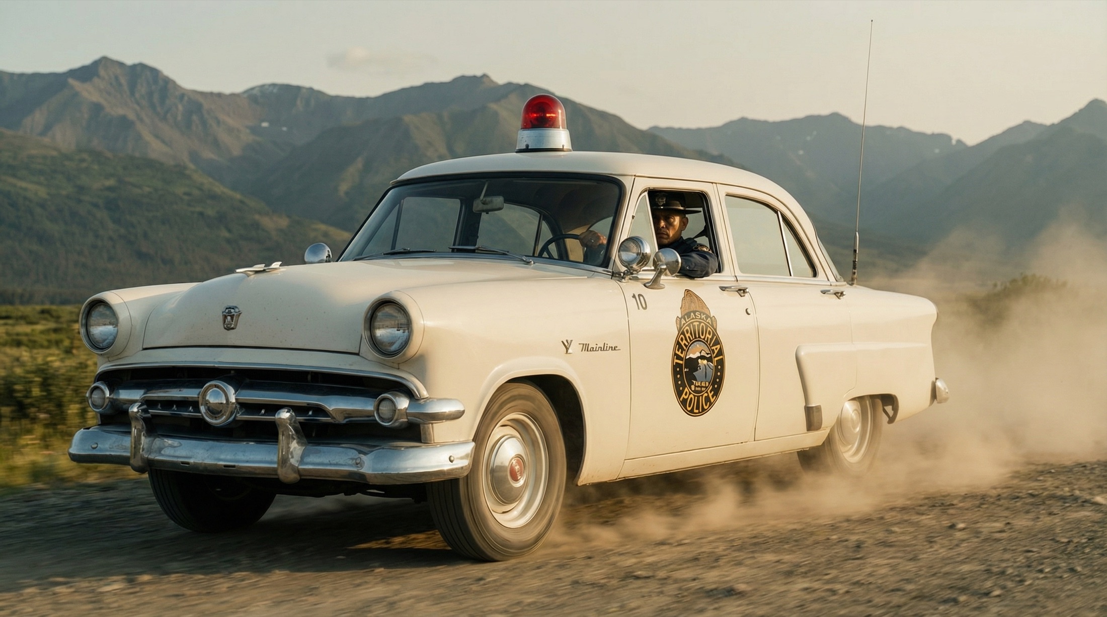 A 1950s patrol car kicking up dust below the mountains